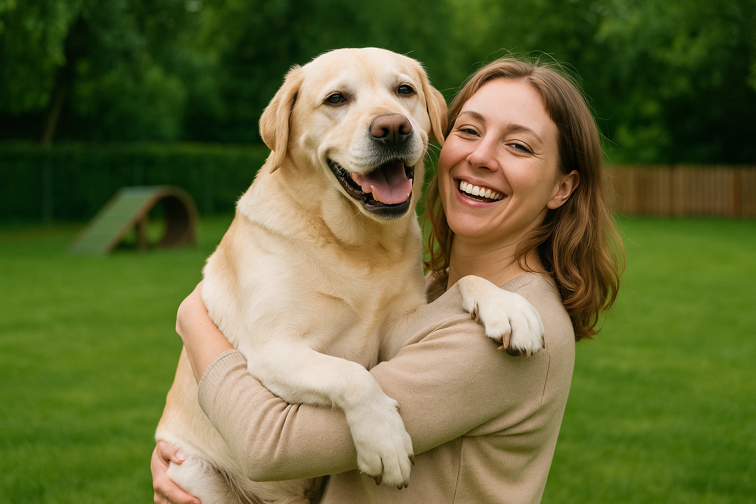 Happy client and dog in the dogs resort
